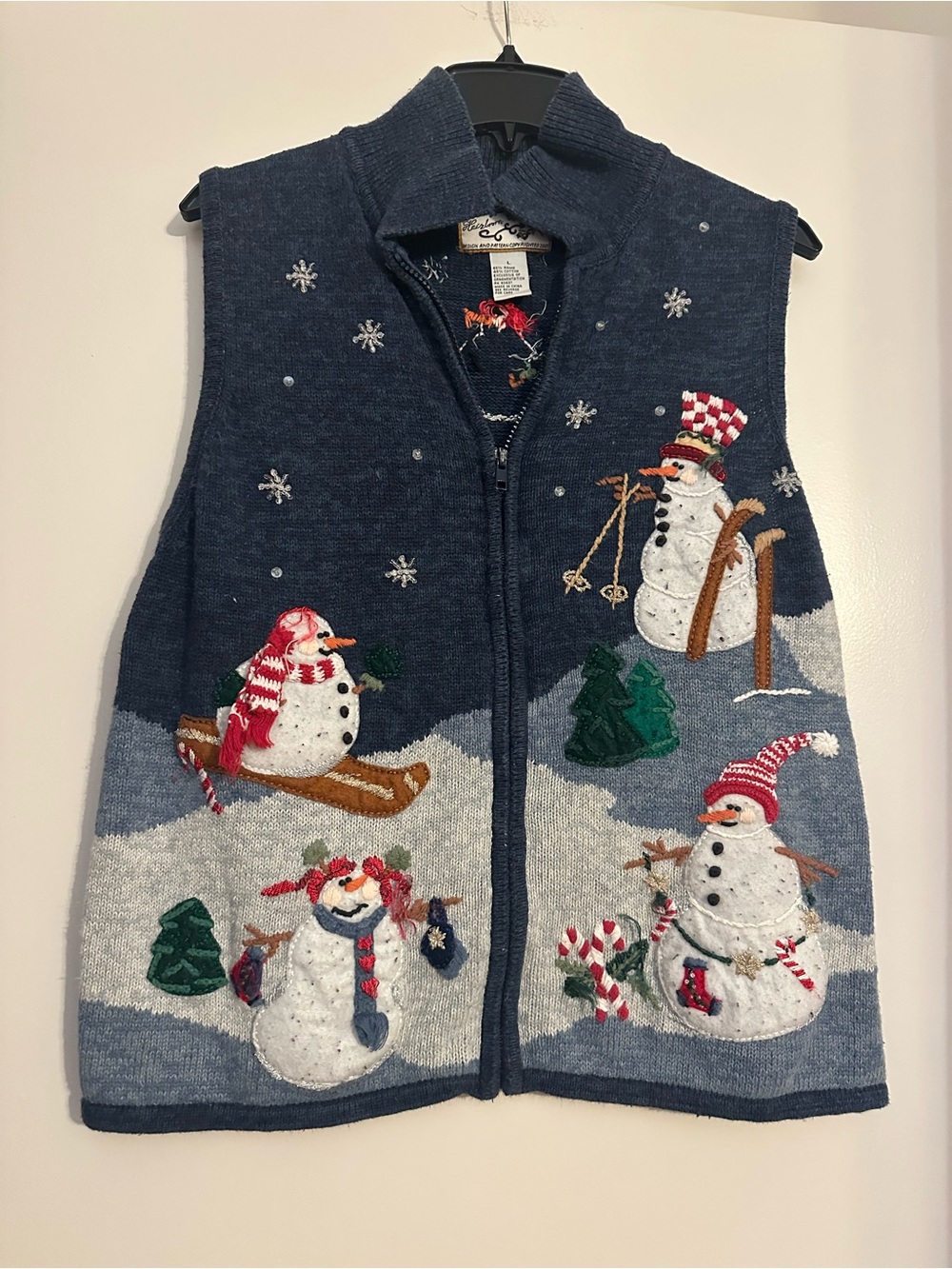 Navy Snowman Ski Vest with Appliqué Snowmen vintage